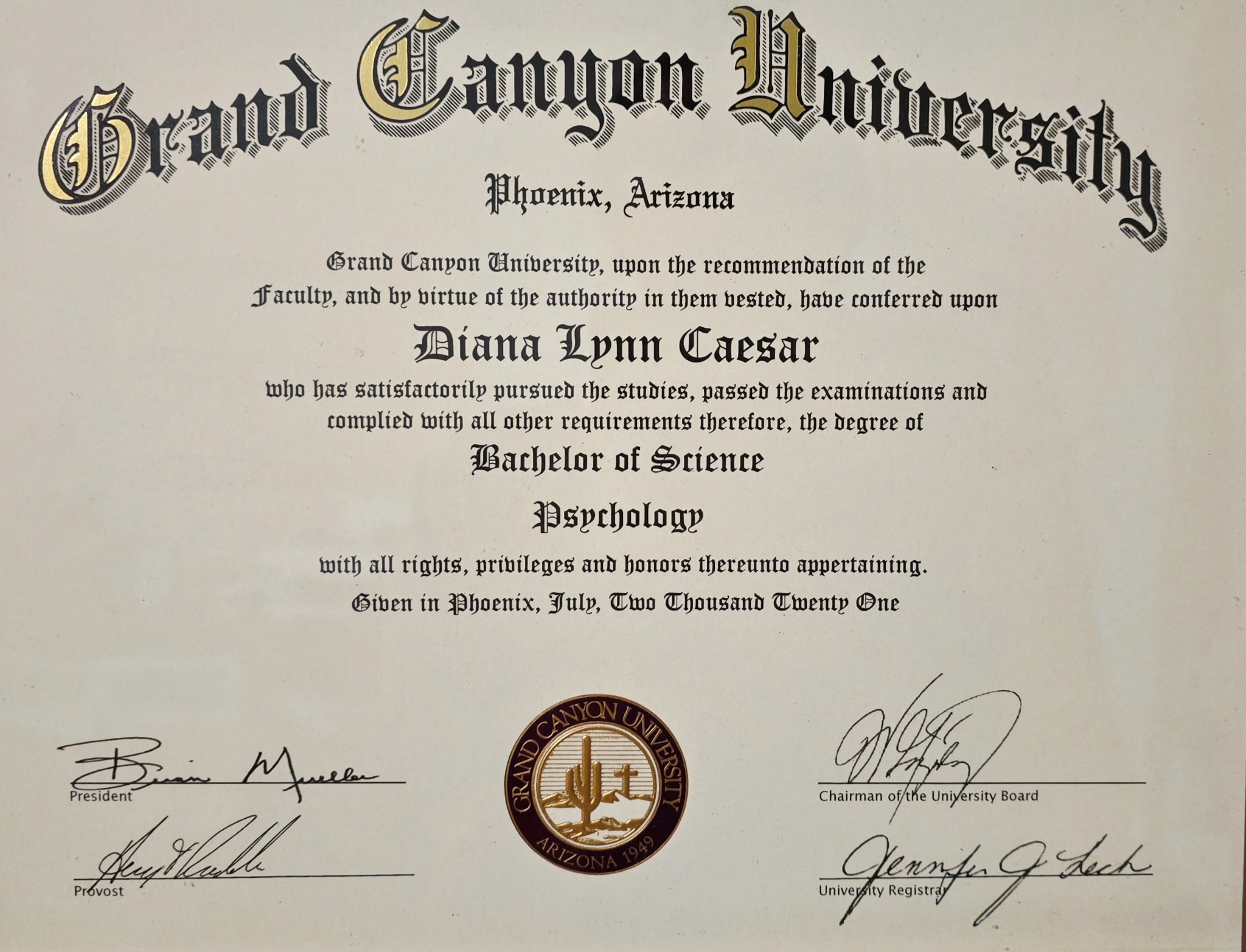 Grand Canyon University Bachelor of Science in Psychology diploma