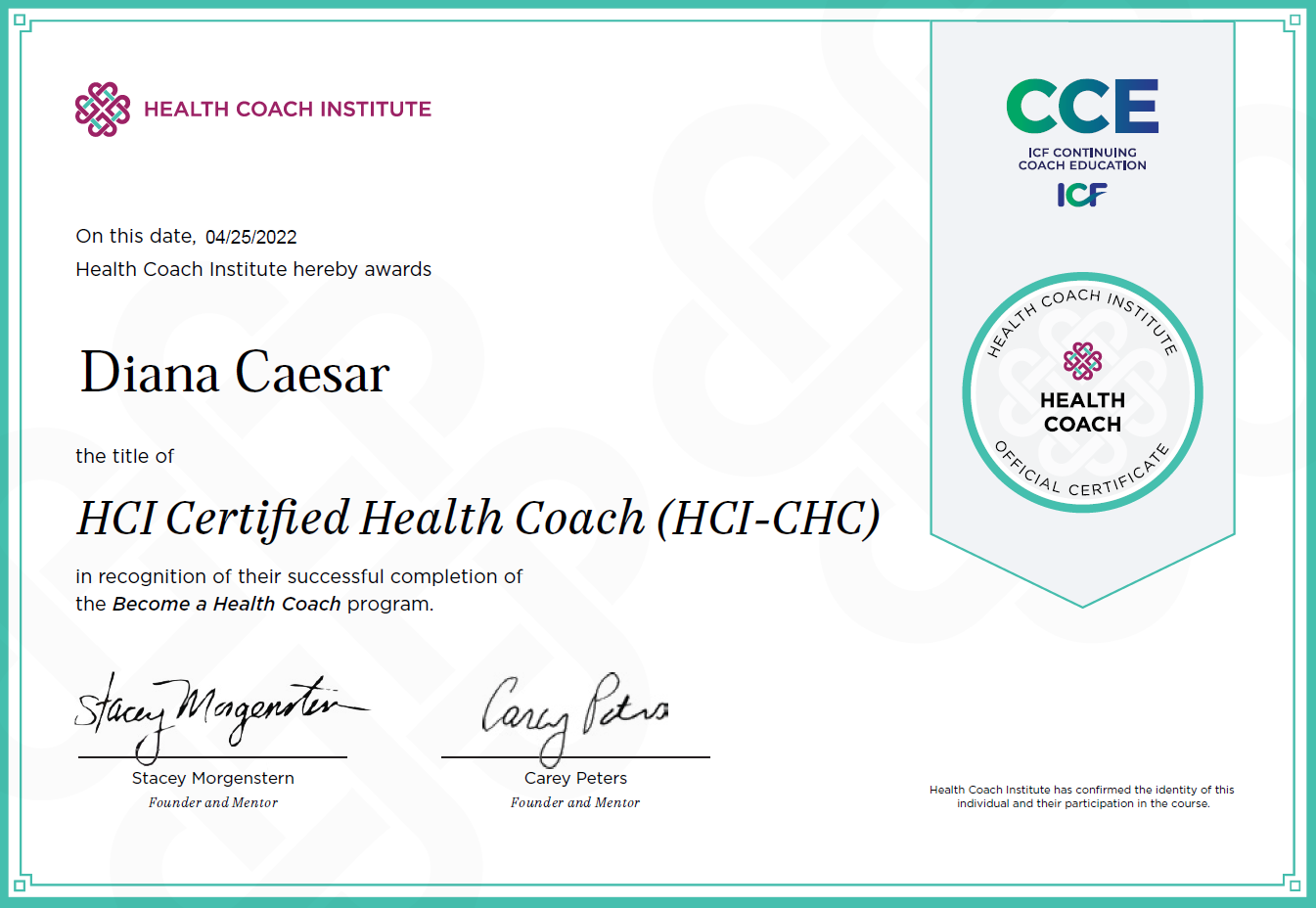 Certified Health Coach certificate, Health Coach Institute